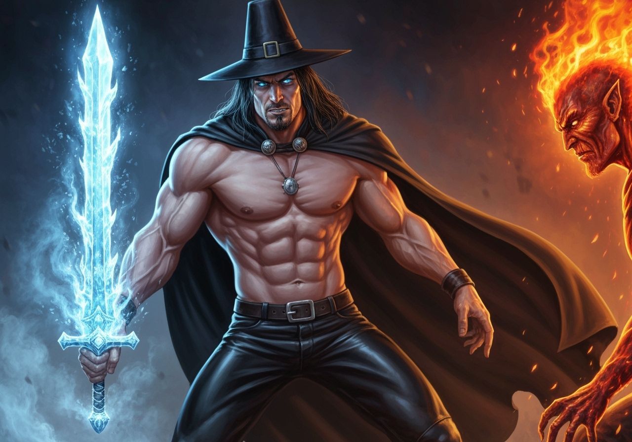 Muscular Male Witch Fights Fire Elemental in Dramatic Style