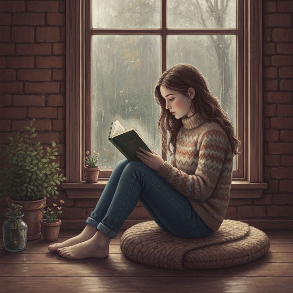 Cozy Reading by Rainy Window in Monet-Potter Style