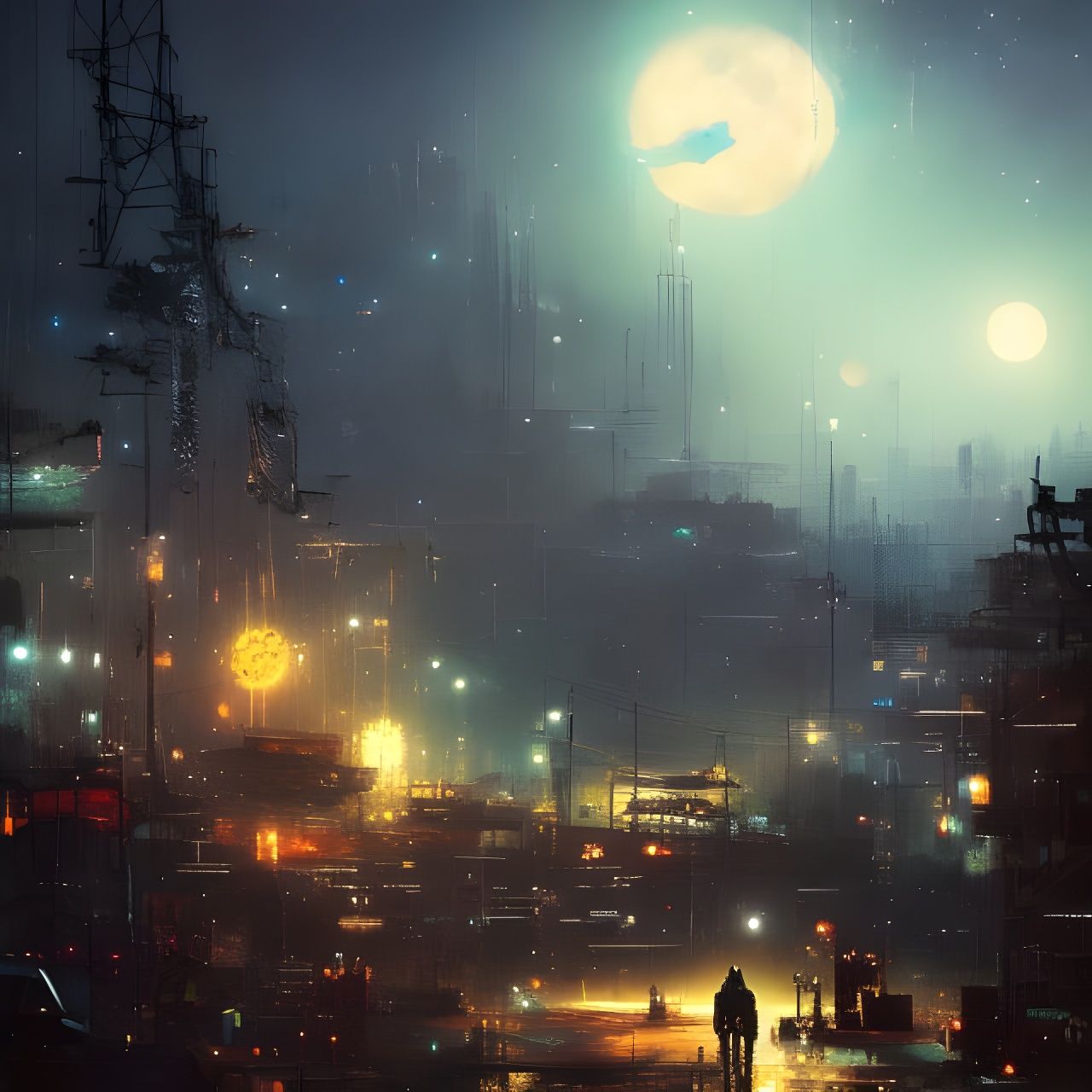 Ghost Robot in Junkyard Under Luminous Moon