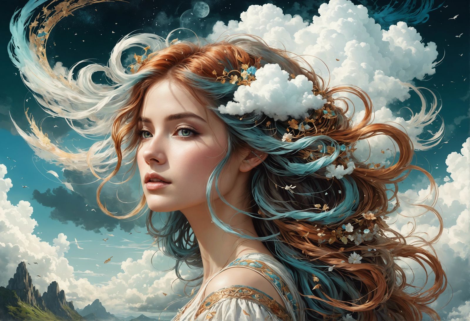 Dreamy Woman with Cloud Hair, Detailed Fantasy Art