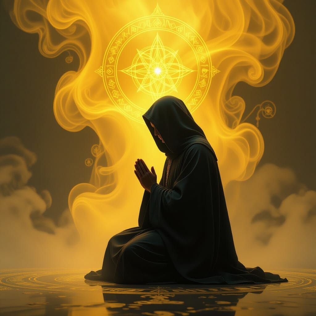 Spiritual Alchemy in Yellow Smoke: Figure in Prayer