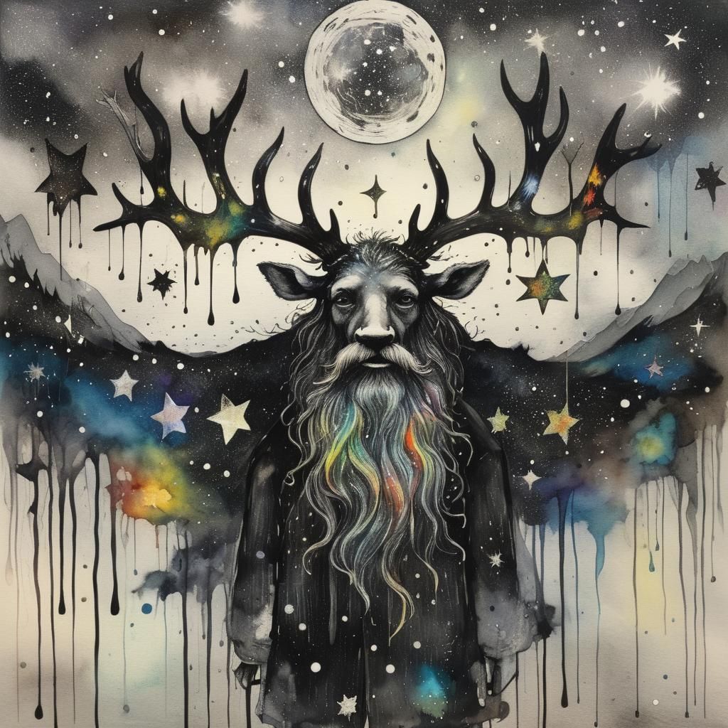Man with Antlers in Rainy Starry Night