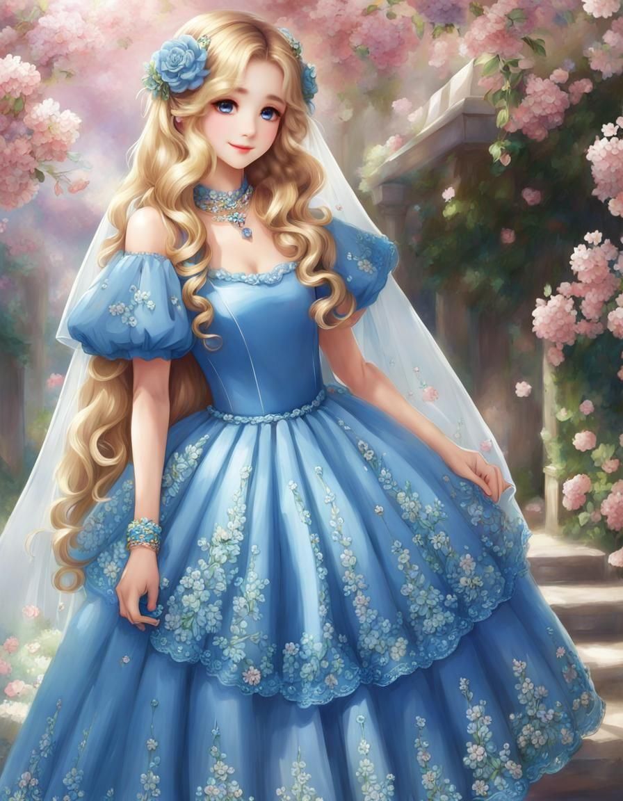 Blonde Girl in Blue Gown with Flowers