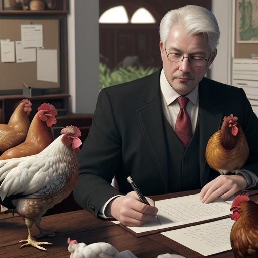 Man's Office Overrun with Chickens: Photorealistic 8k