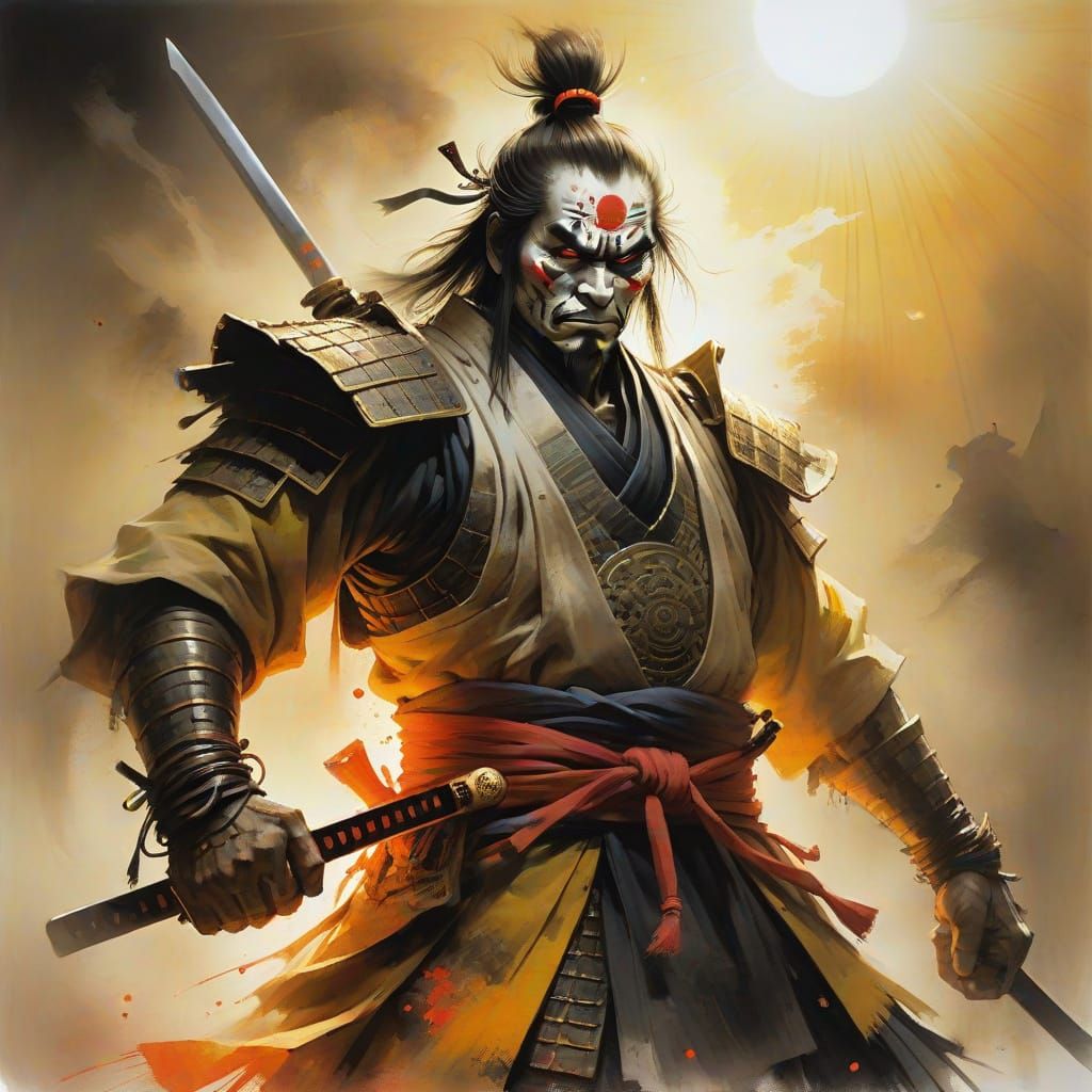 Glowing Samurai as Sun in Stephen Gammell Style