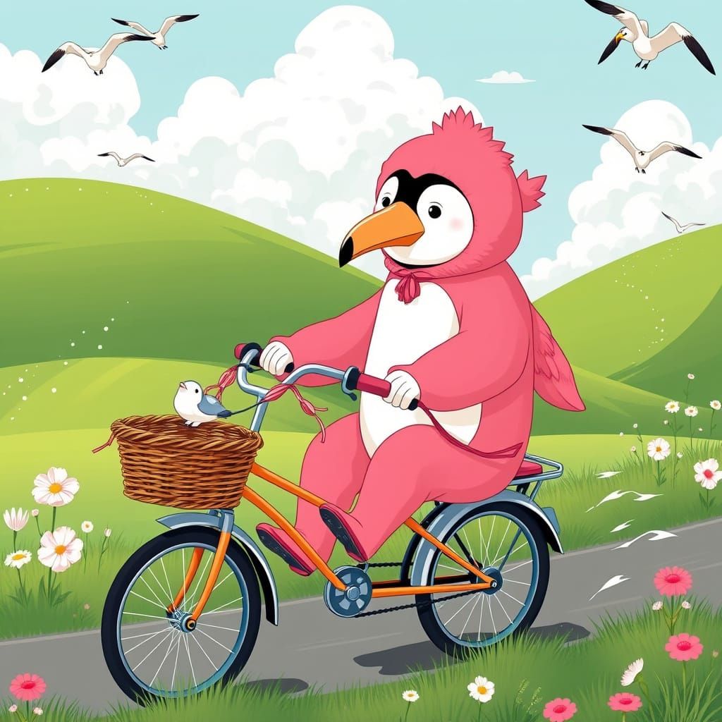 Whimsical Penguin on Tricycle Ride Down a Green Hill