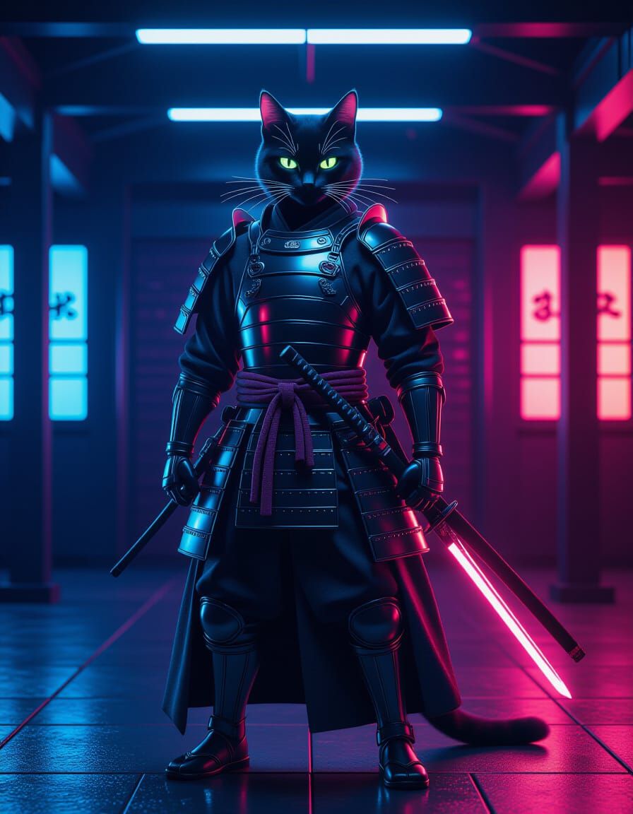 Neon Samurai Cat Guards Futuristic Dojo