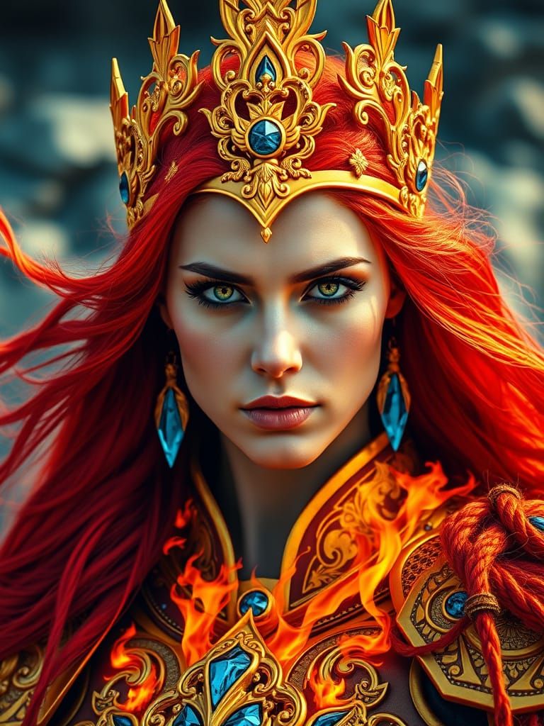 Warrior Queen with Fiery Armor and Crystal Accents