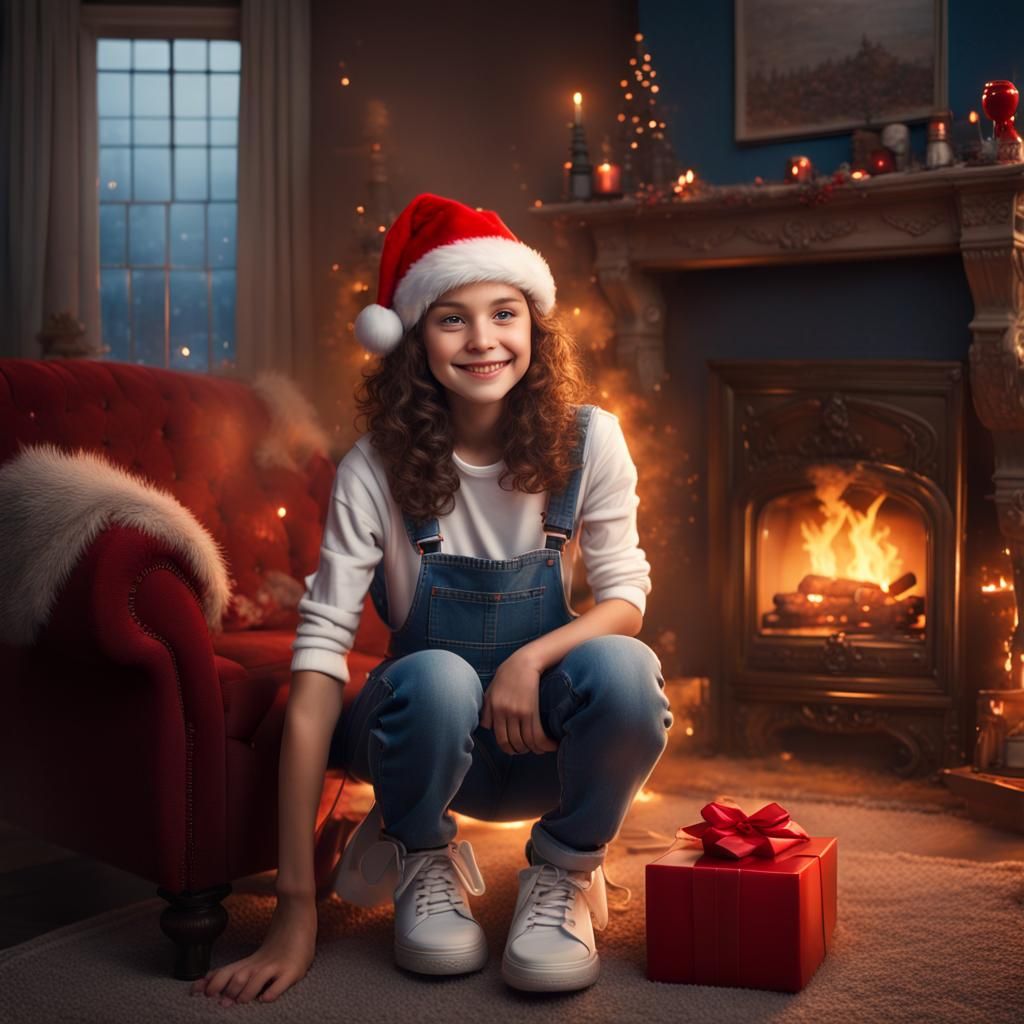 Girl with Toy Car in Front of Fireplace