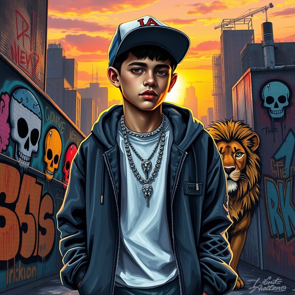 Graffiti Art Cityscape with Youthful Figure