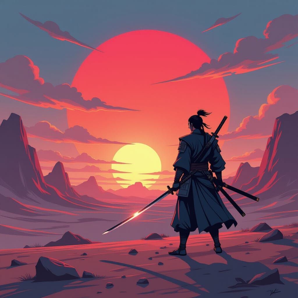 Samurai Warrior on Alien World in Anime Style