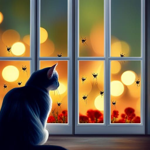 Cats Watching Fireflies at Twilight