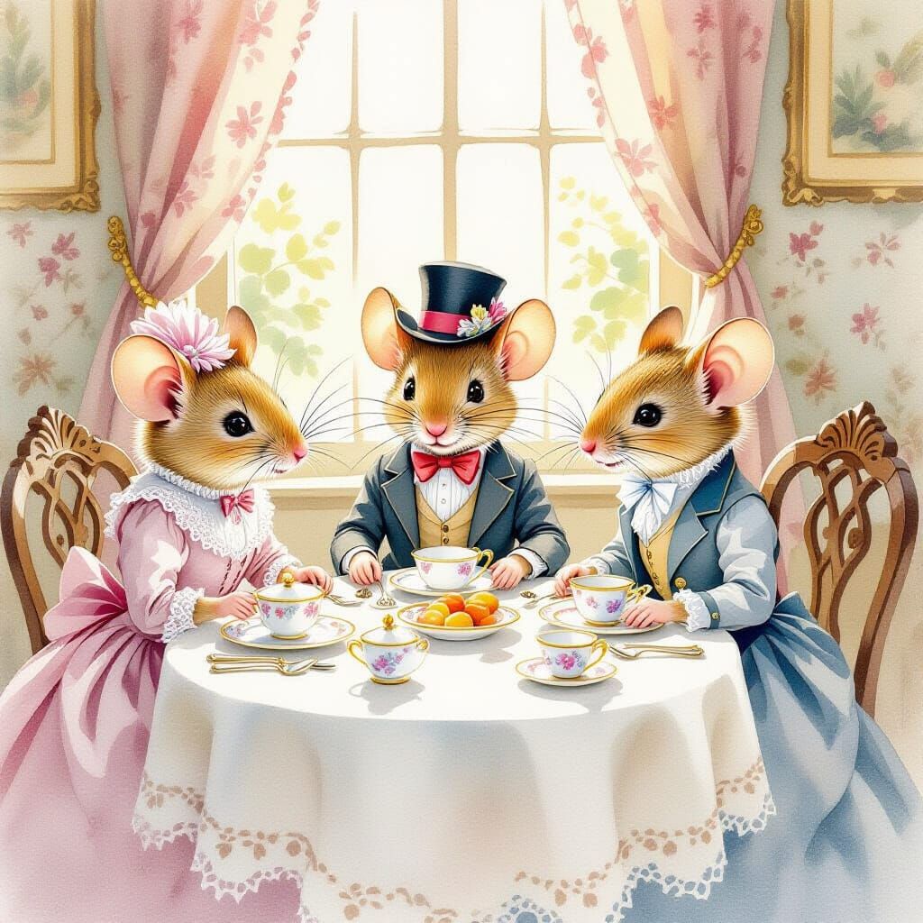 Victorian Mice Family: A Whimsical Watercolor Fantasy