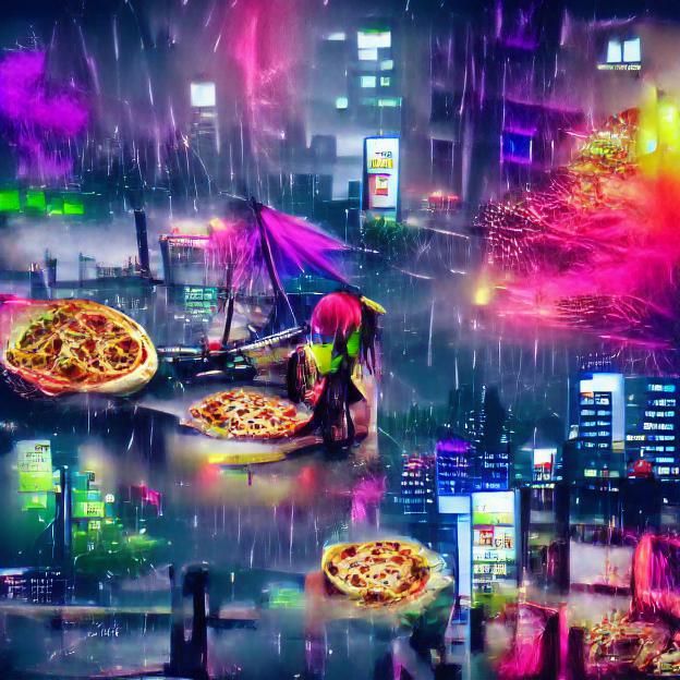 Pizza in Rainy Night Cityscape: Cyberpunk Anime Style