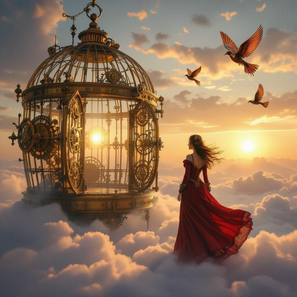 Steampunk Fantasy: Woman Approaches Golden Birdcage on Cloud...
