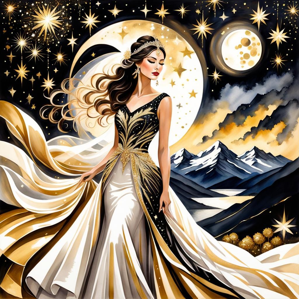 Elegant Gold and Black Bride Watercolor Painting