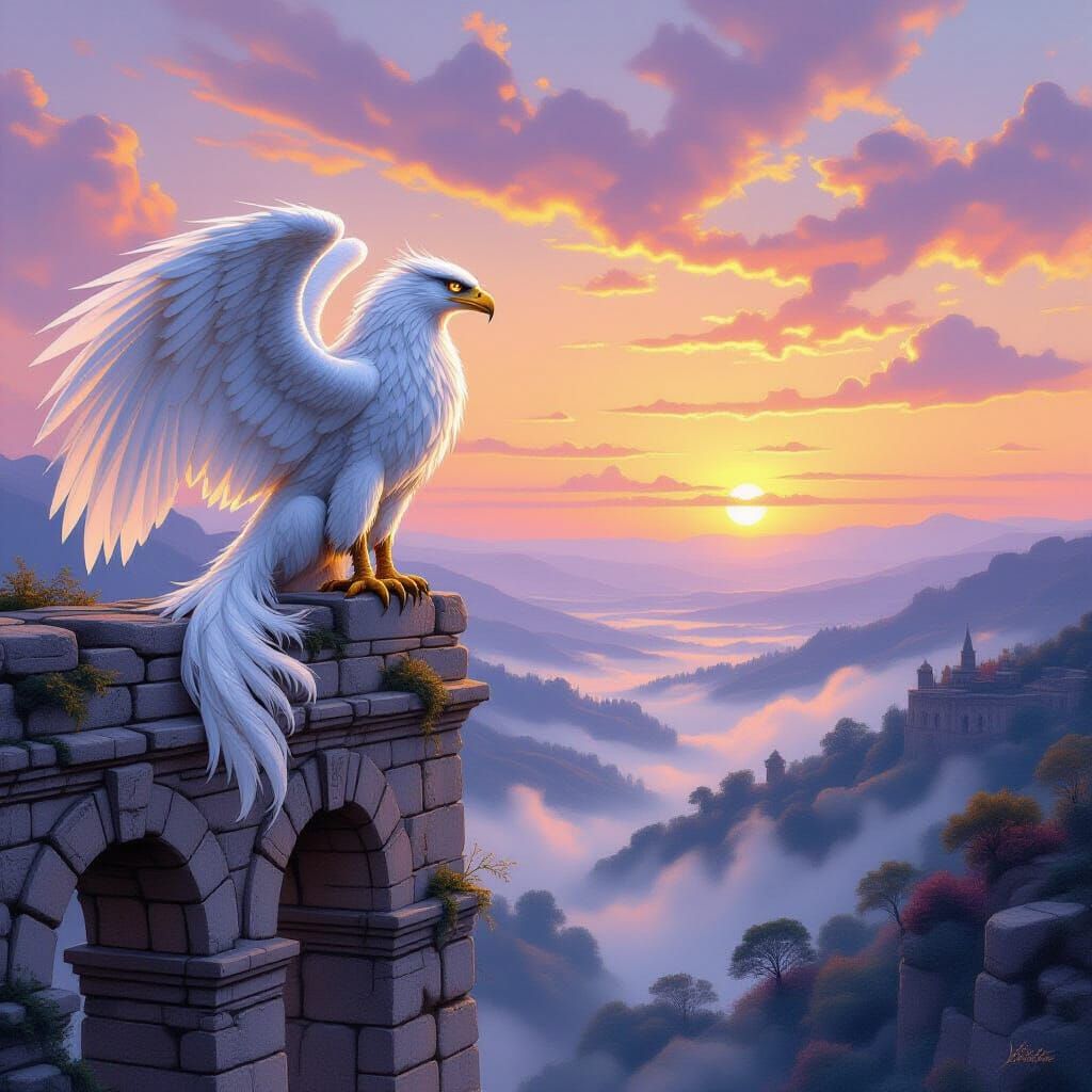 Majestic Griffin on Ancient Aqueduct at Dawn