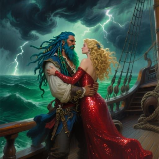 Pirate King Embraces Beloved on Stormy Seas