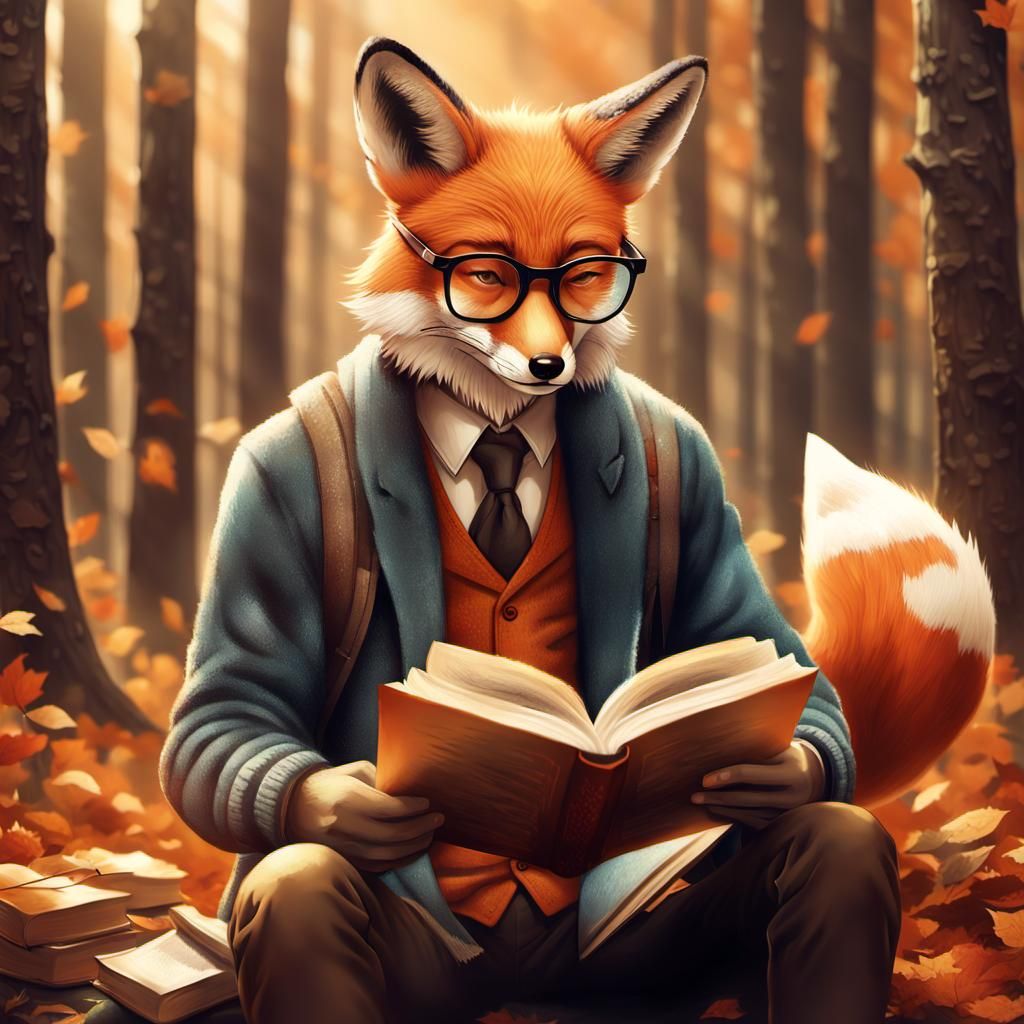 Fox-Eared Man Reading in Sunlit Forest: Magical Realism