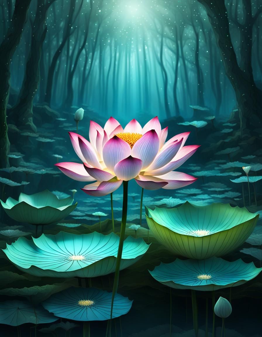 Lotus Flower Fantasy Illustration with Magic Trail