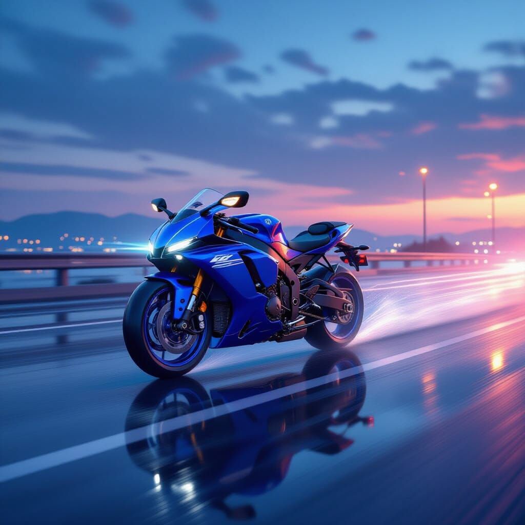 Blue Yamaha R1 Highway Speed Dusk Reflection