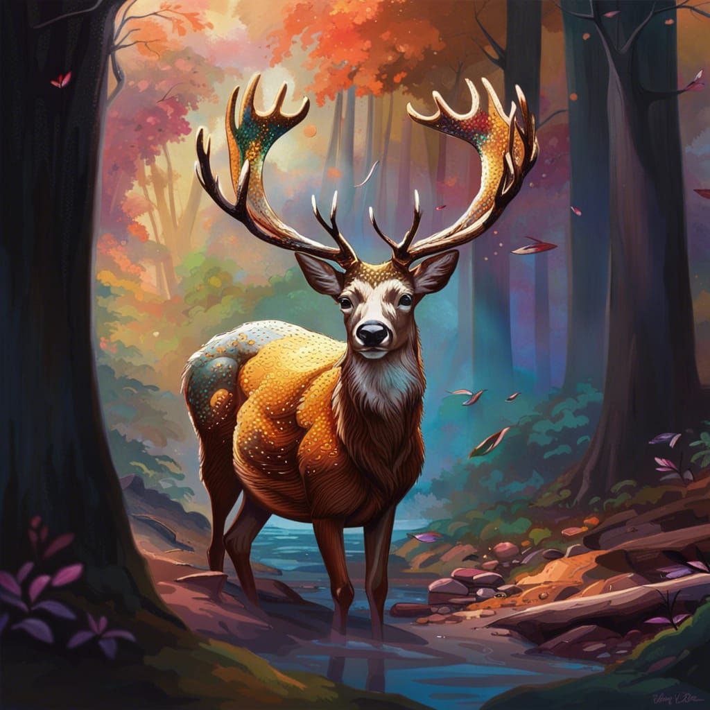 Hyperrealistic Deer in Colorful Woods Splash Art