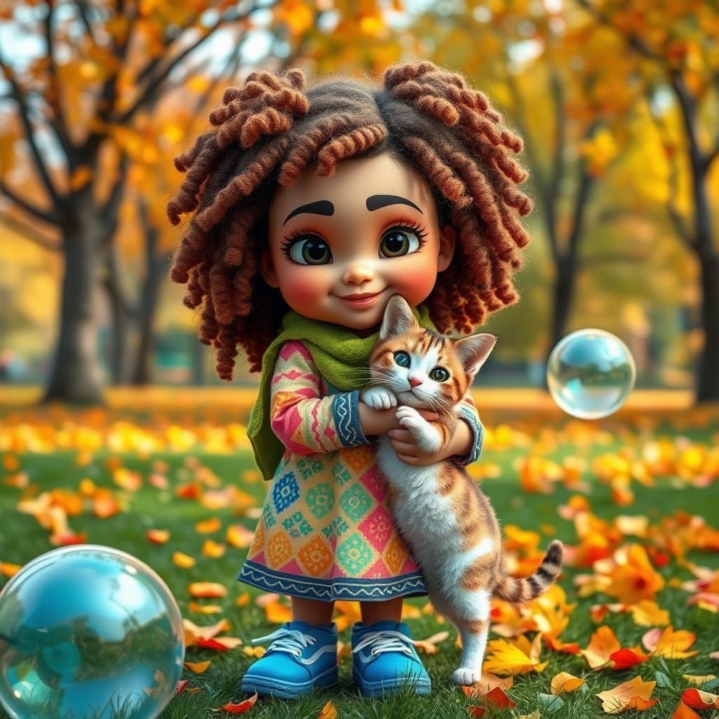 Girl Hugging Cat in Autumn Park, Pixar Style
