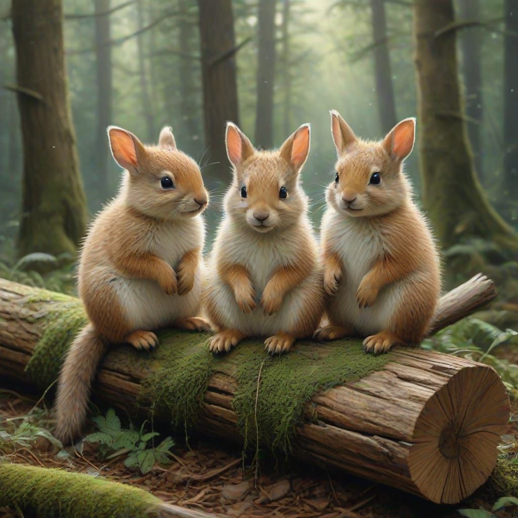 Cute Baby Animals Friends in Forest, Romantic Watercolor Sty...