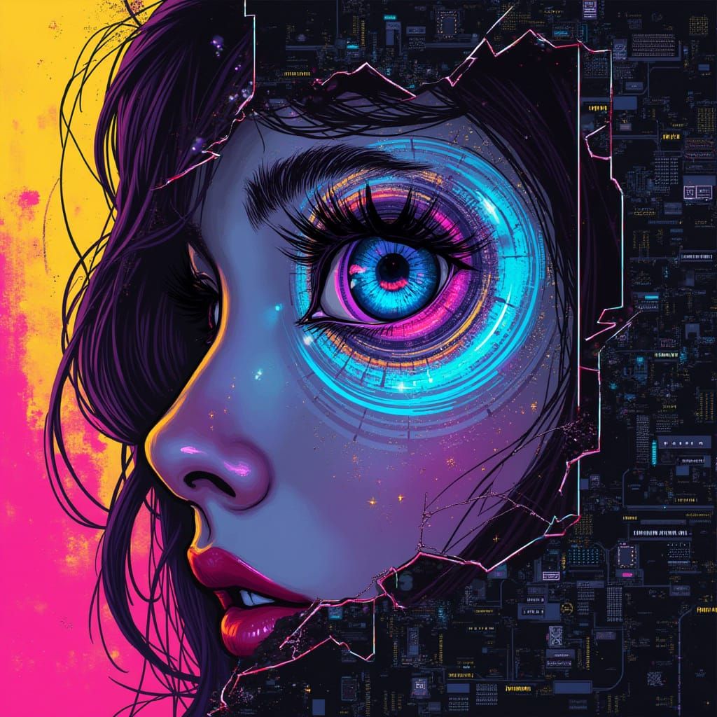 Cyberpunk Woman Peeking Through Digital Screen