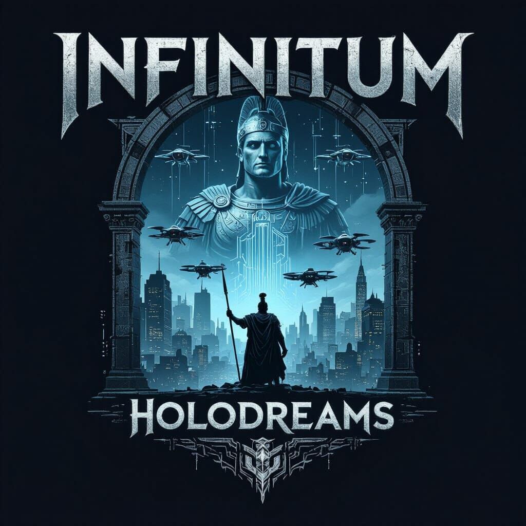 Brutalist Metallic Logo: Centurion in Cyberpunk Cityscape