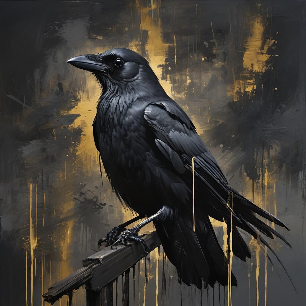 Grunge Expressionist Crow Painting with Golden Highlights