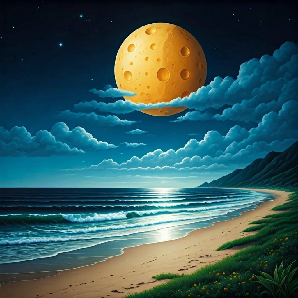 Surreal Cheese Moon Over Beach at Night