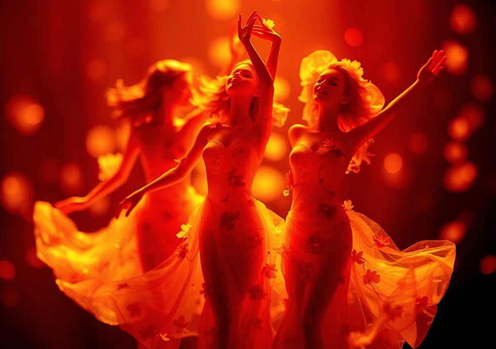 Joyful Dancers in Yellow and Brown Flowers: 3D Glassy Models