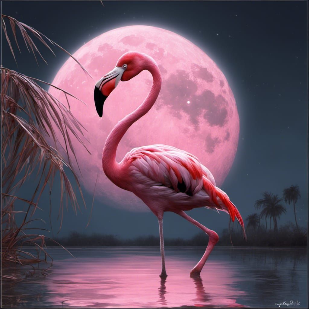 Pink Flamingo in Moonlight, Digital Art