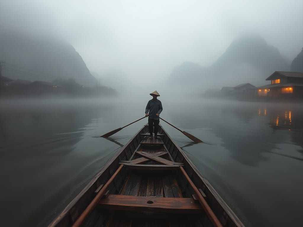 Misty Mekong River Fisherman at Dawn