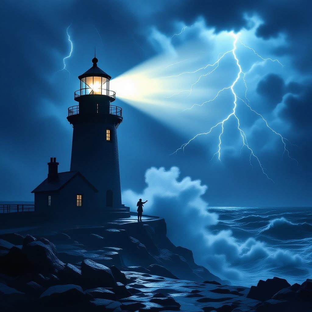 Stormy Lighthouse Keeper Tends Powerful Beam in Tempest
