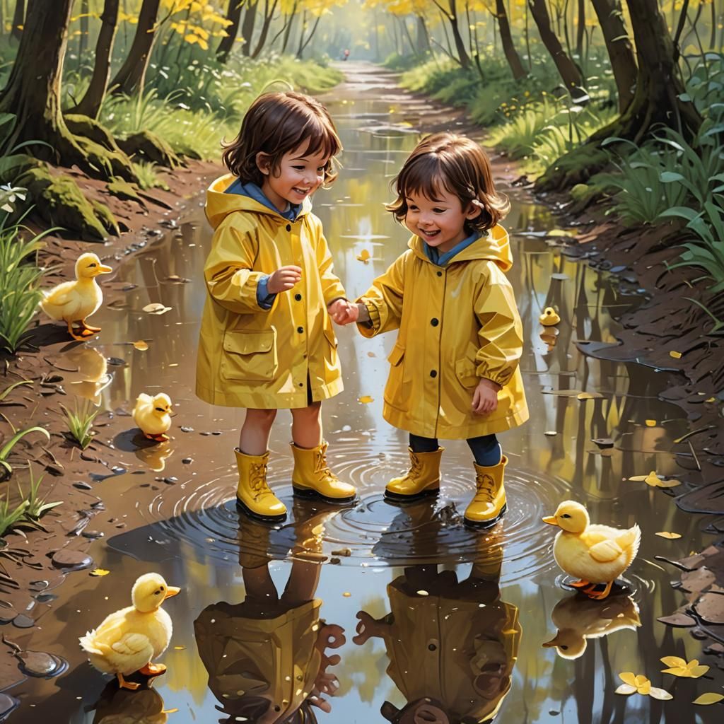 Girl with Ducklings in Rainy Forest, Anime Style