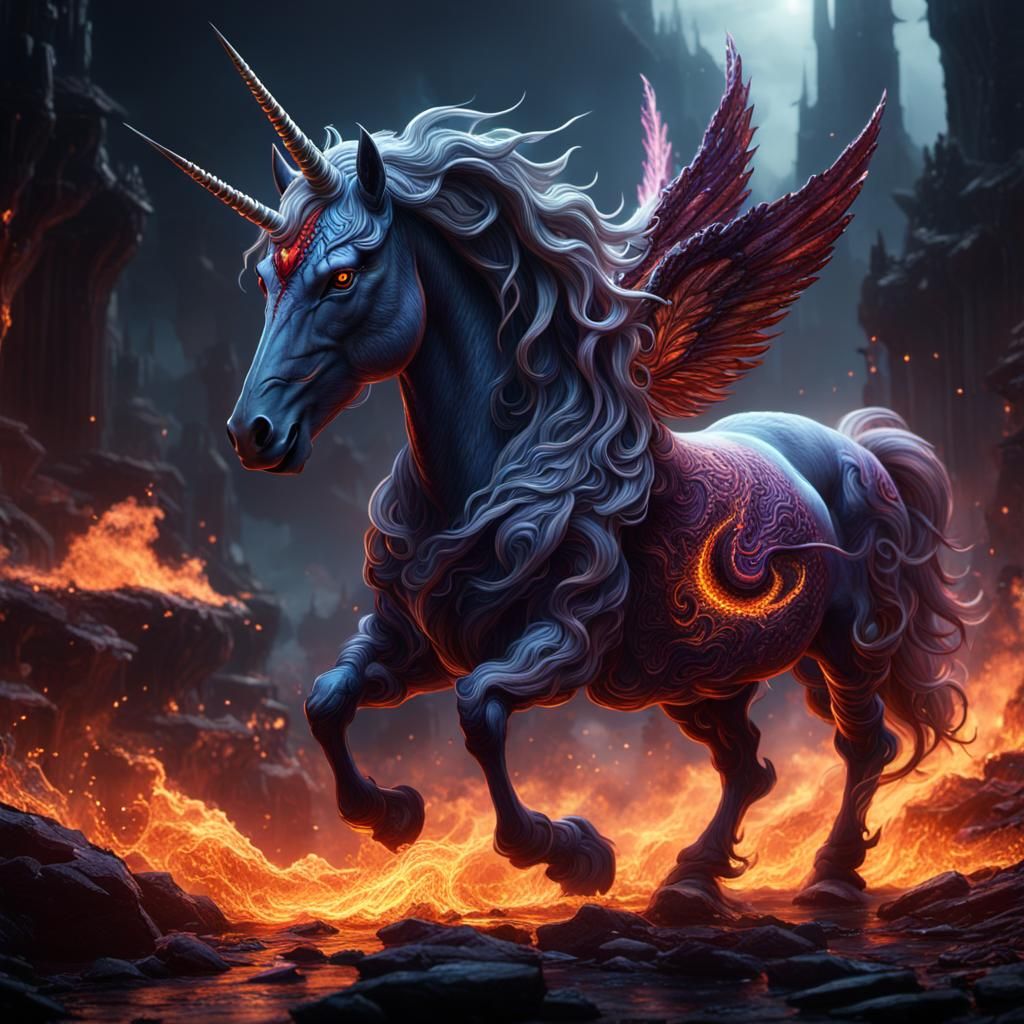 Fantastical Hellfire Nightmare Unicorn in Detailed Digital A...
