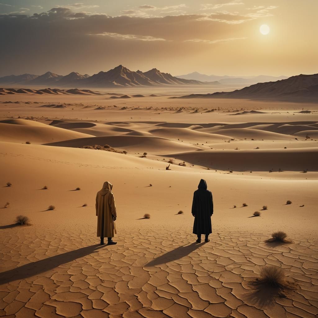 Lonely Figure in Surreal Golden Landscape