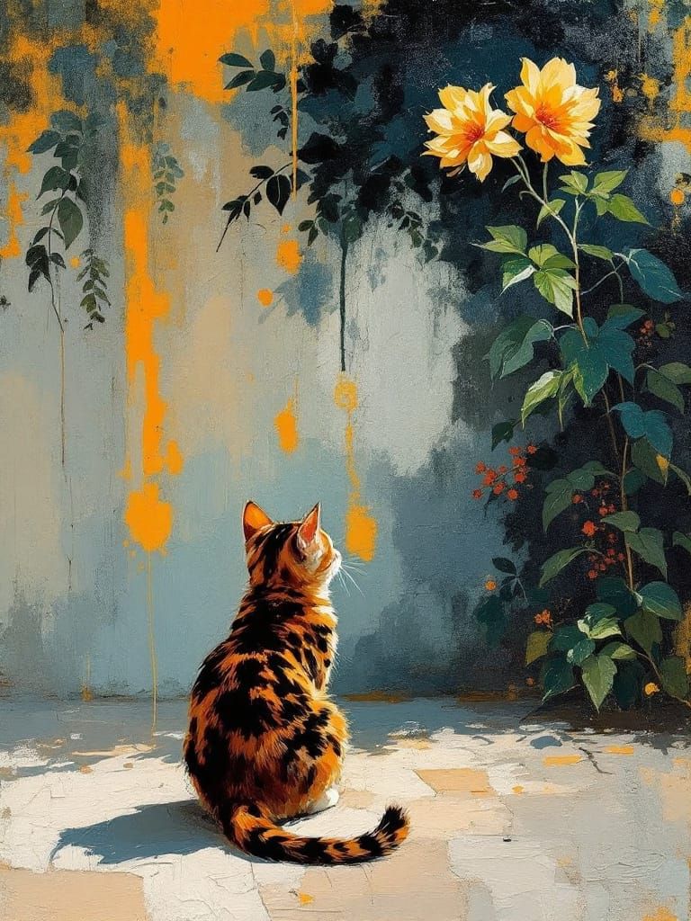 Cat Among Flowers with Textured Brushstrokes