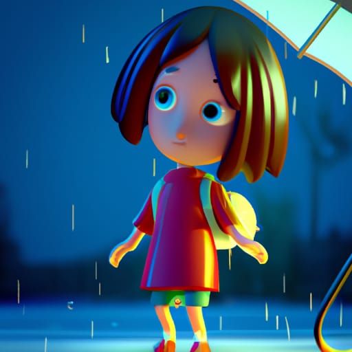 Cute Girl Walking in Rain: 3D Digital Art