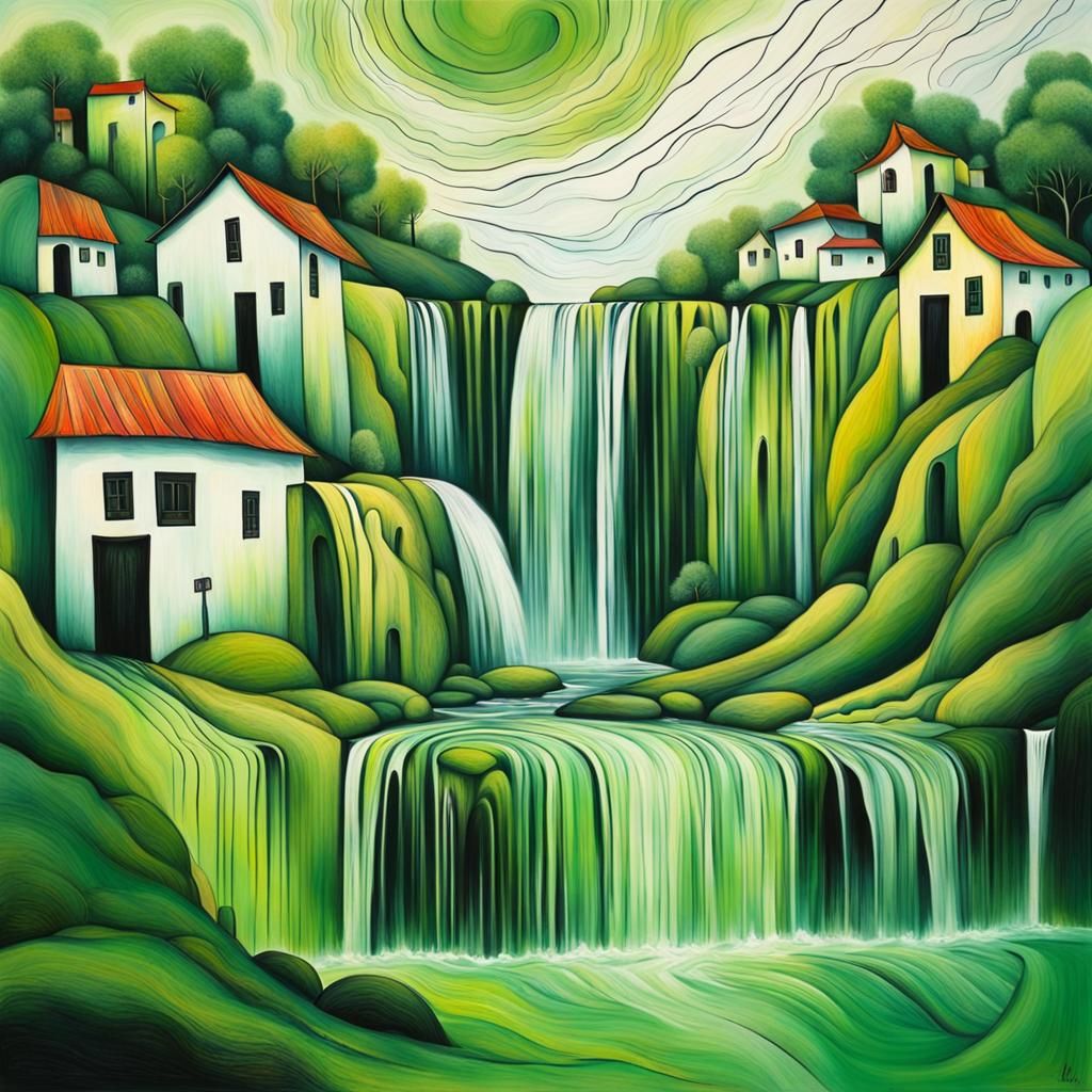 Surreal Waterfall Village in Painterly Style