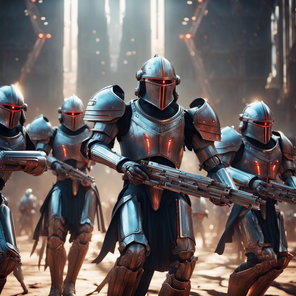 Futuristic Medieval Knights Battle: Detailed Matte Painting