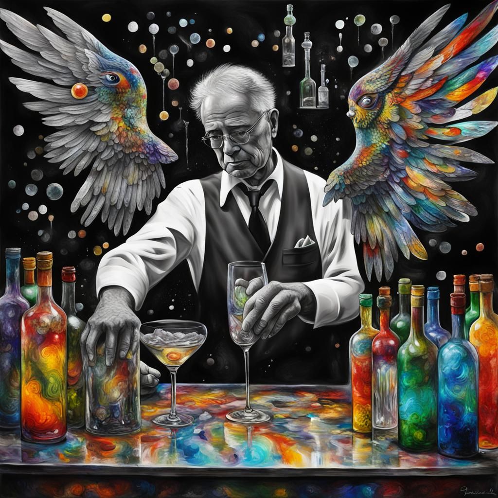 Winged Bartender in Dreamscape, Abstract Composition