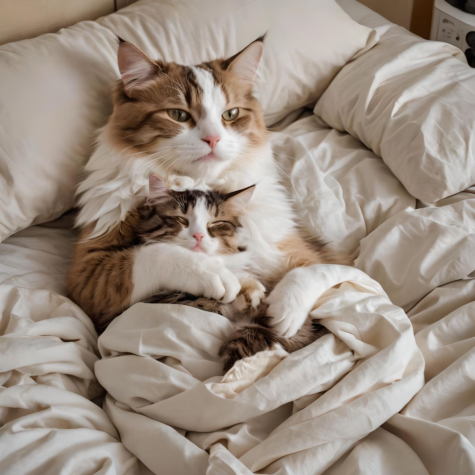 Person and Fluffy Cat Playfully Interact on Bed