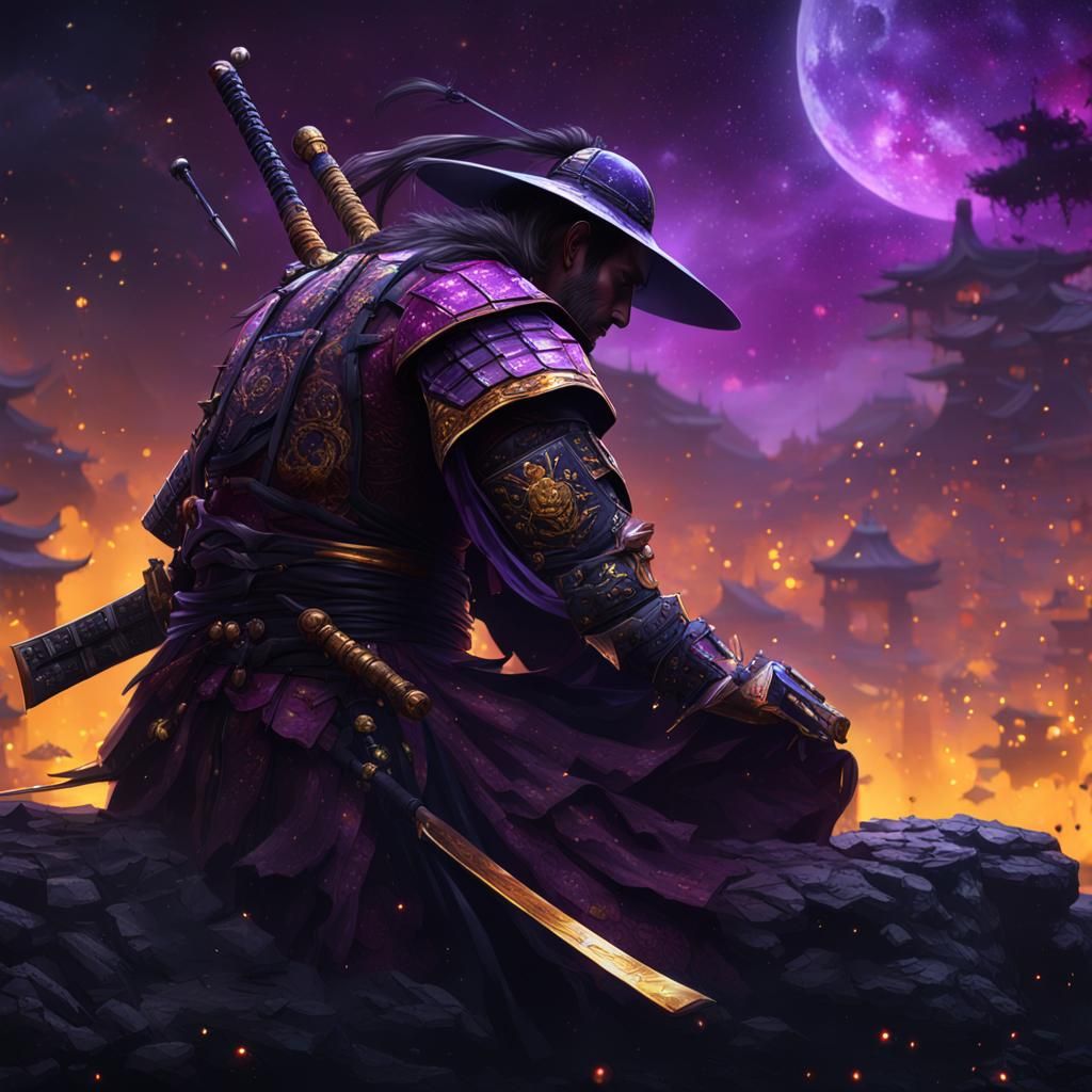 Bleeding Samurai Gazing at Stars, Dark Fantasy Art