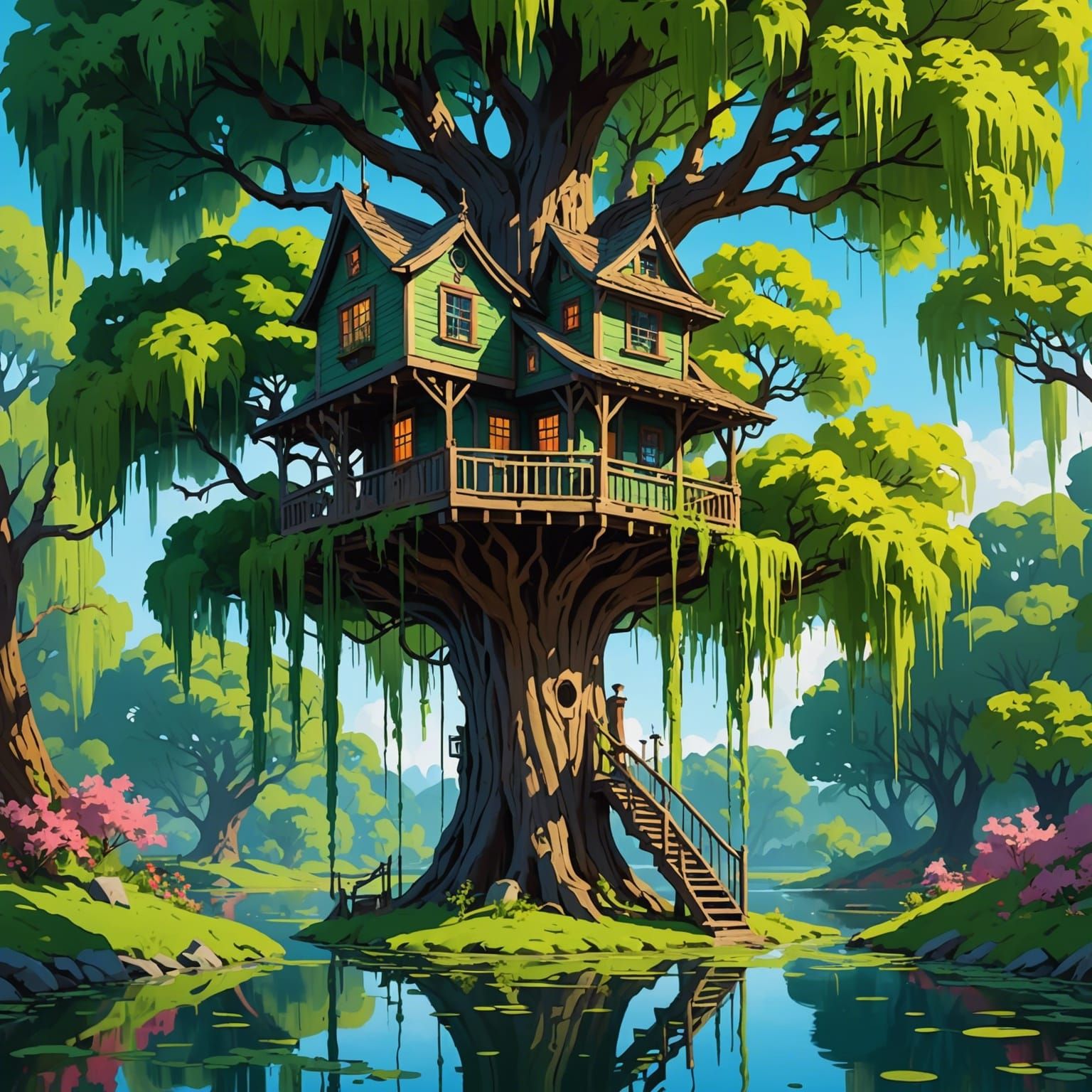 Surreal Treehouse in Weeping Willow: Abstract Art
