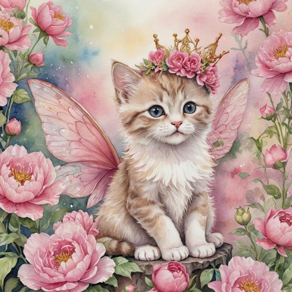 Watercolor Fairy Kitten on Mushroom with Floral Tiara