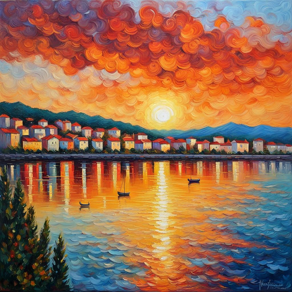 Expressionist Sunset Over Bay as Impasto Oil Painting