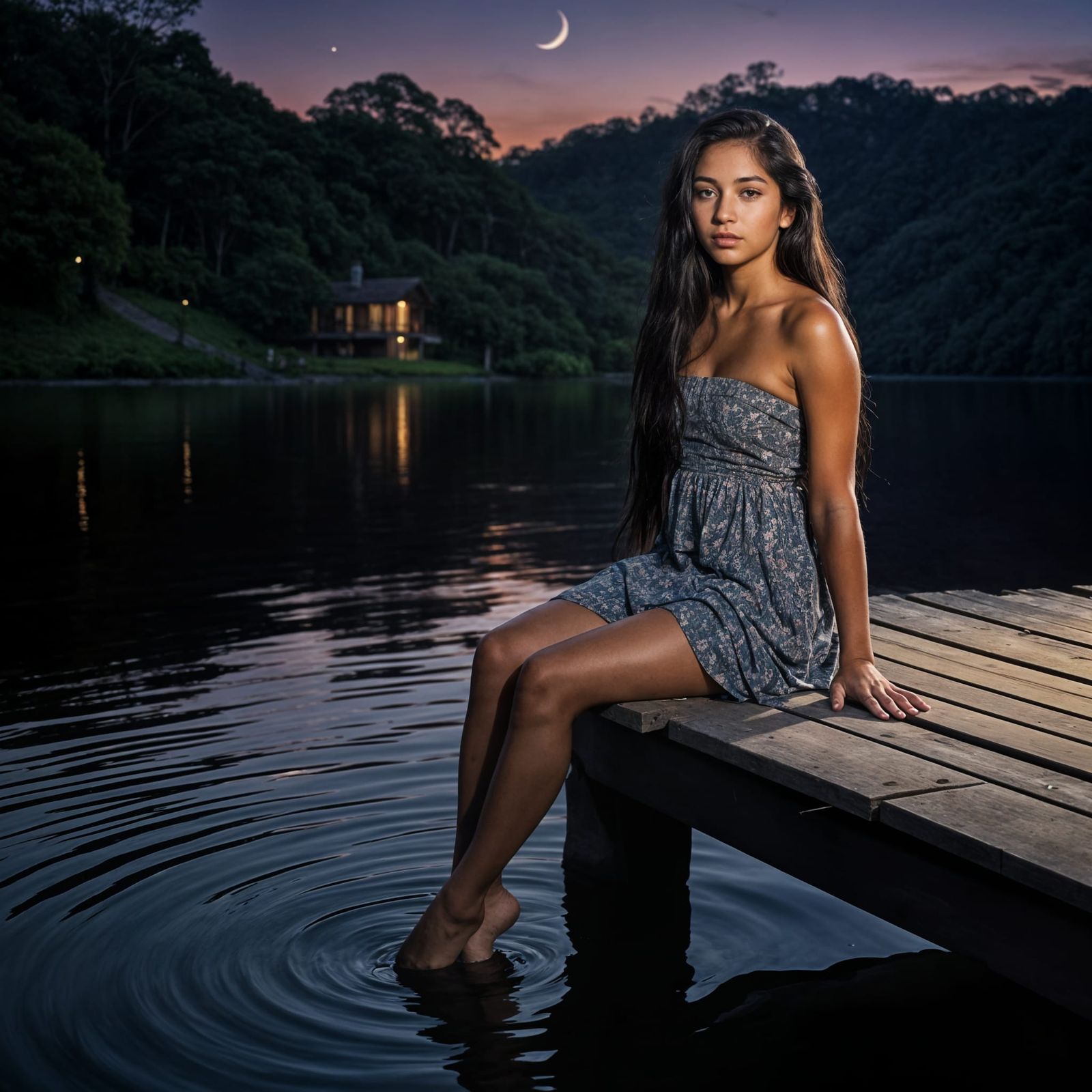 Costa Rican Woman at Lake's Edge in Moonlight